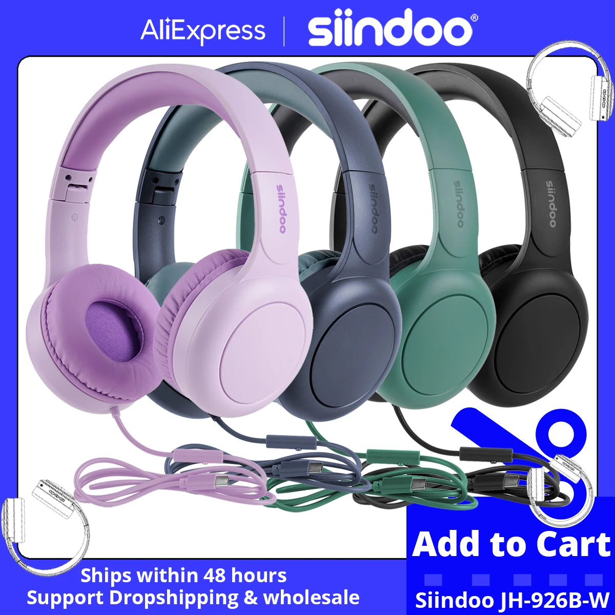 926B-W On-Ear Headphones with Microphone with 1.45M-Tangle-Free Nylon Line Type C Plug Foldable Portable Wired Headphone