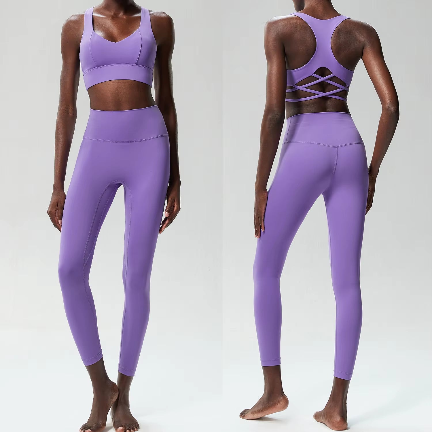 Women Two Piece Yoga Set Solid Color Naked Gym Suit Quick Dry Running Sportswear Sport Bra Female Workout Fitness Outfit Clothes