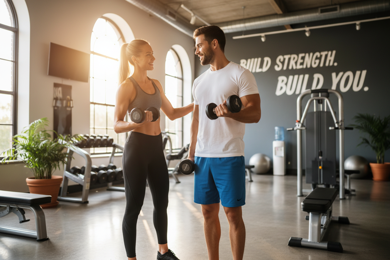A personal trainer assisting a client with dumbbells in a bright, modern gym. Both are smiling and focused, conveying guidance, support, and motivation. Soft cinematic lighting, inspirational tone, let it connects with viewers
