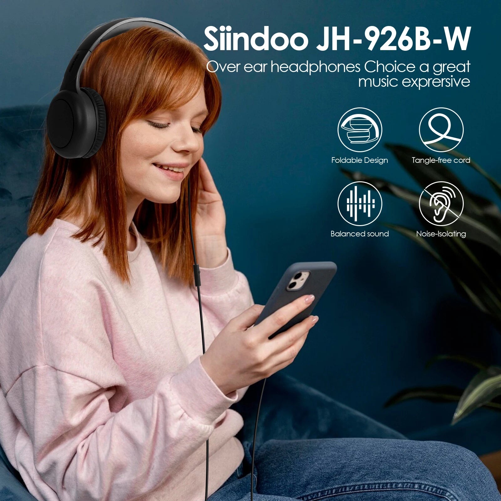 926B-W On-Ear Headphones with Microphone with 1.45M-Tangle-Free Nylon Line Type C Plug Foldable Portable Wired Headphone